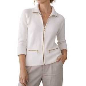 Lauren Ralph Lauren Cream Zip-Front Ribbed Sweater with Gold Hardware xs
